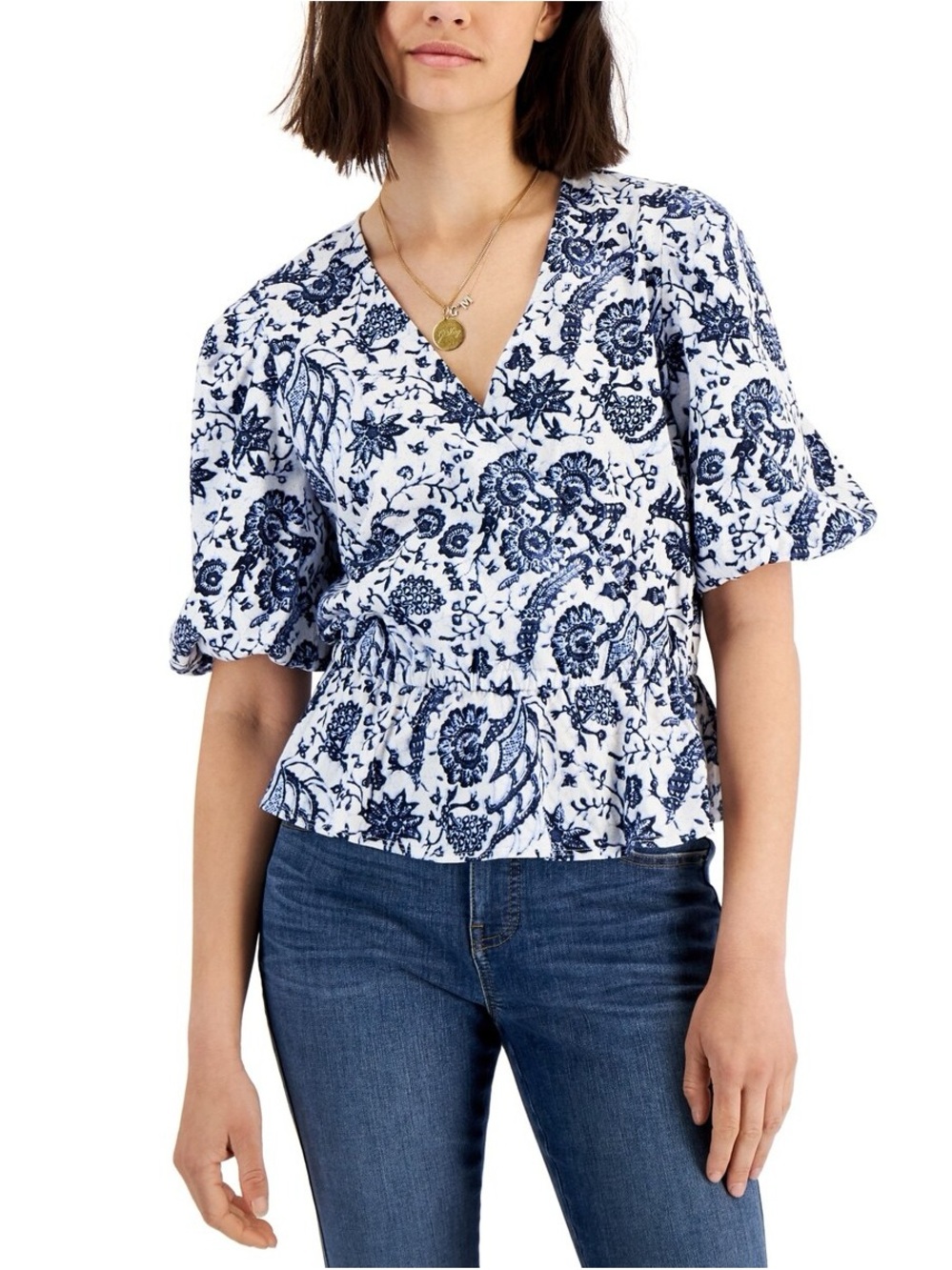 Women's Blue & White Floral Peplum Top